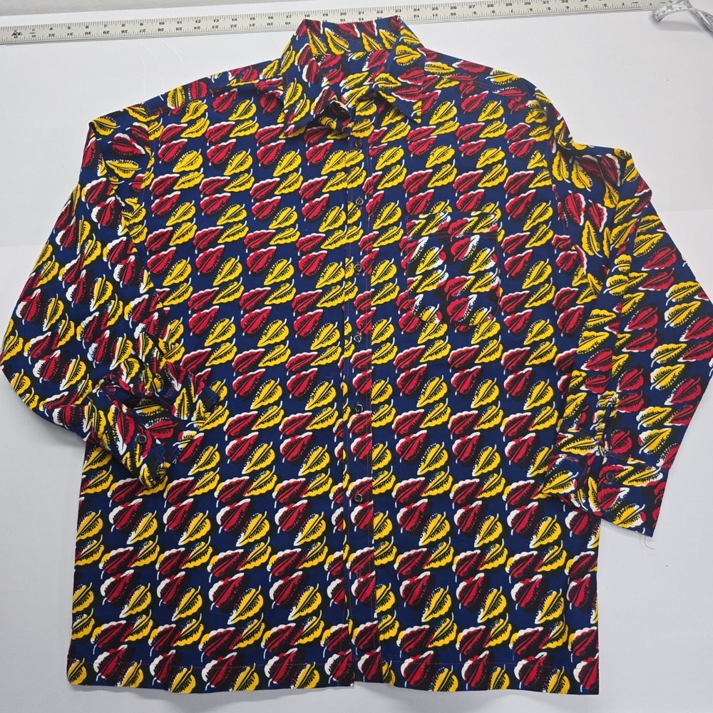 Handmade Block Print Leaf Pattern Button Down Shirt Navy Red Yellow Mens Large